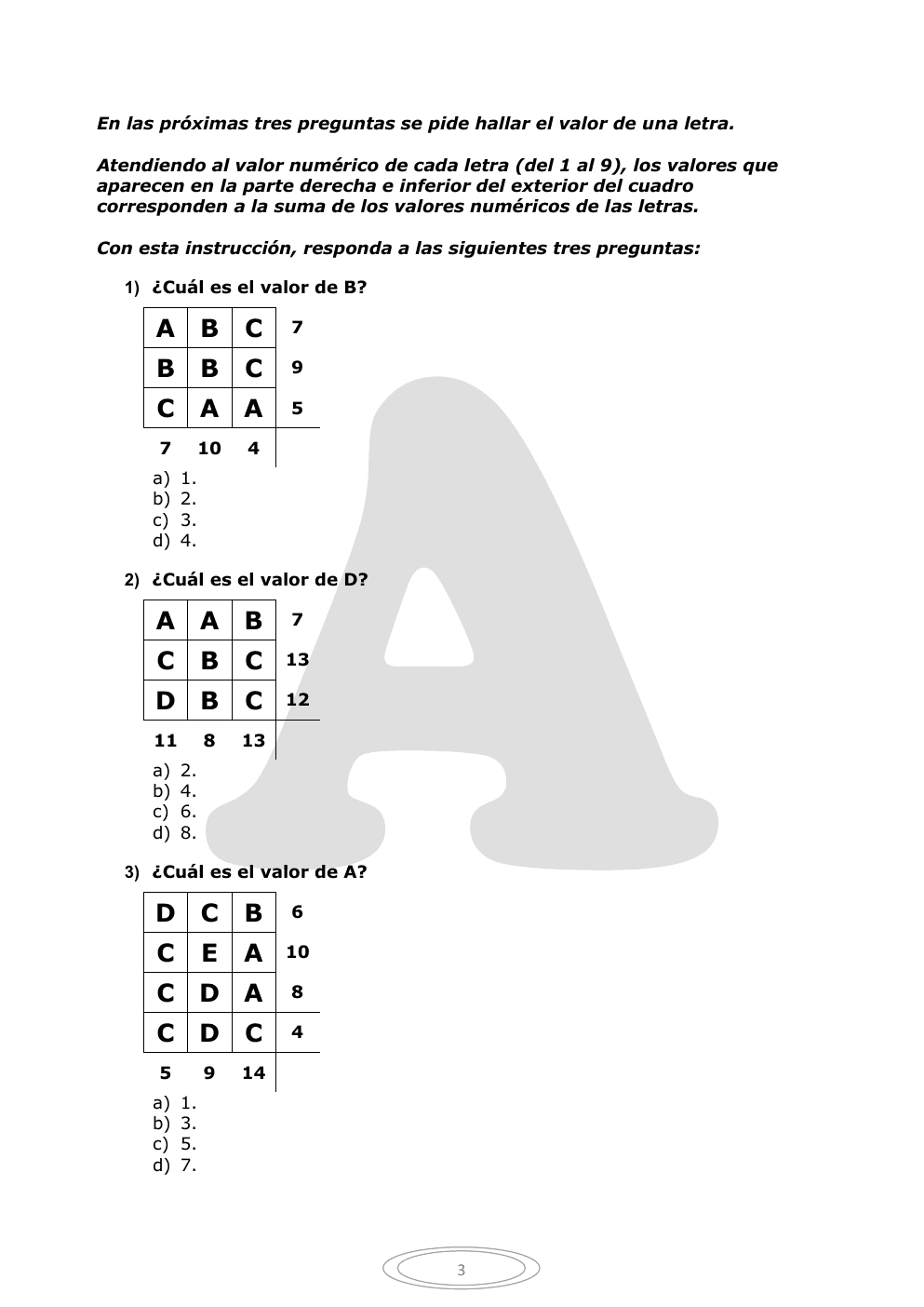 Página 3 del cuestionario oficial, con las instrucciones y las tablas de las preguntas 1 a 3.