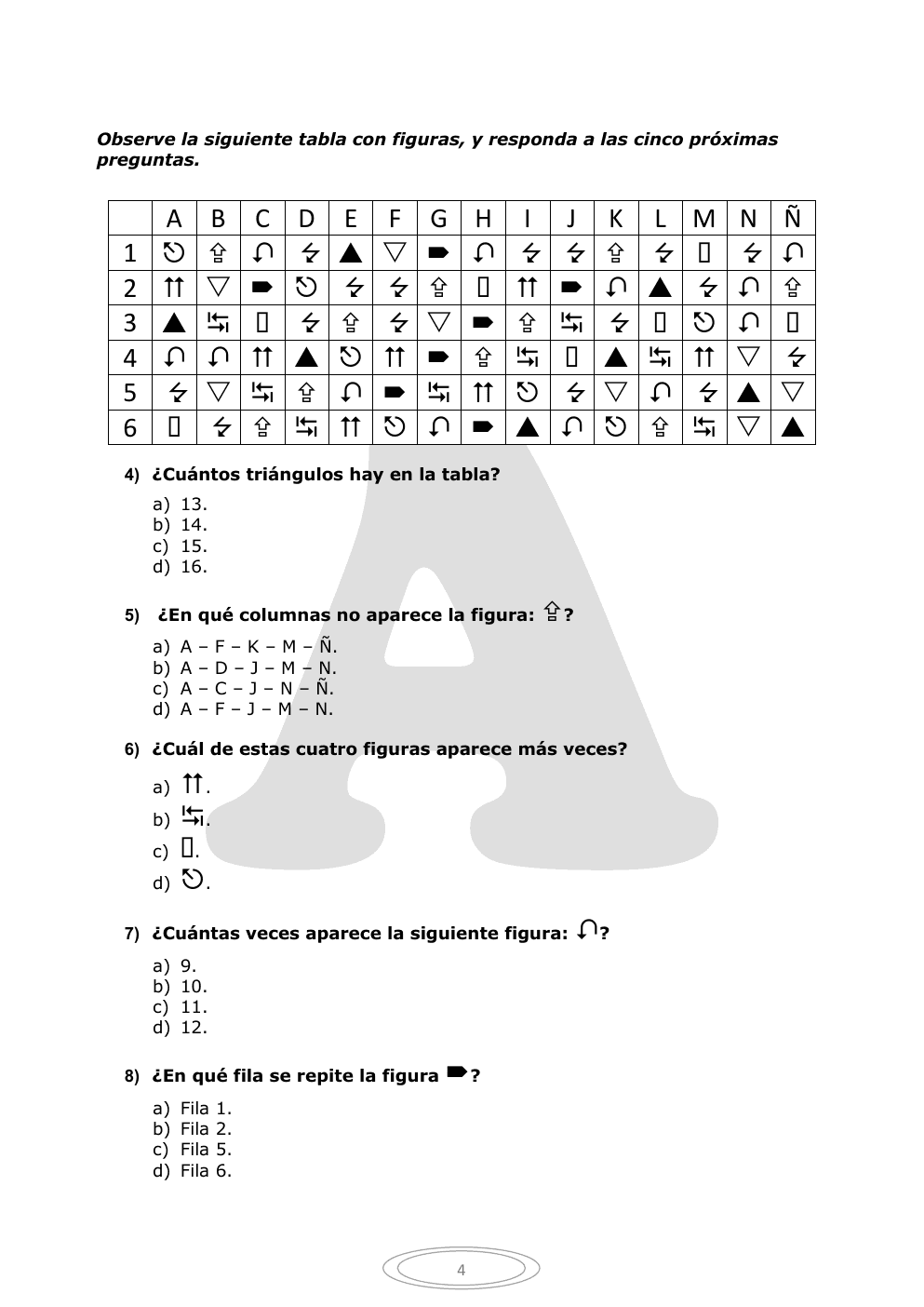 Página 4 del cuestionario oficial, con la tabla de figuras de las preguntas 4 a 8.