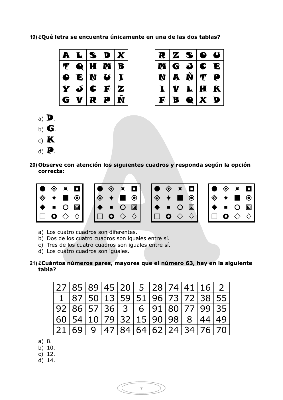 Página 7 del cuestionario oficial, con las tablas y cuadros de las preguntas 19 a 21.