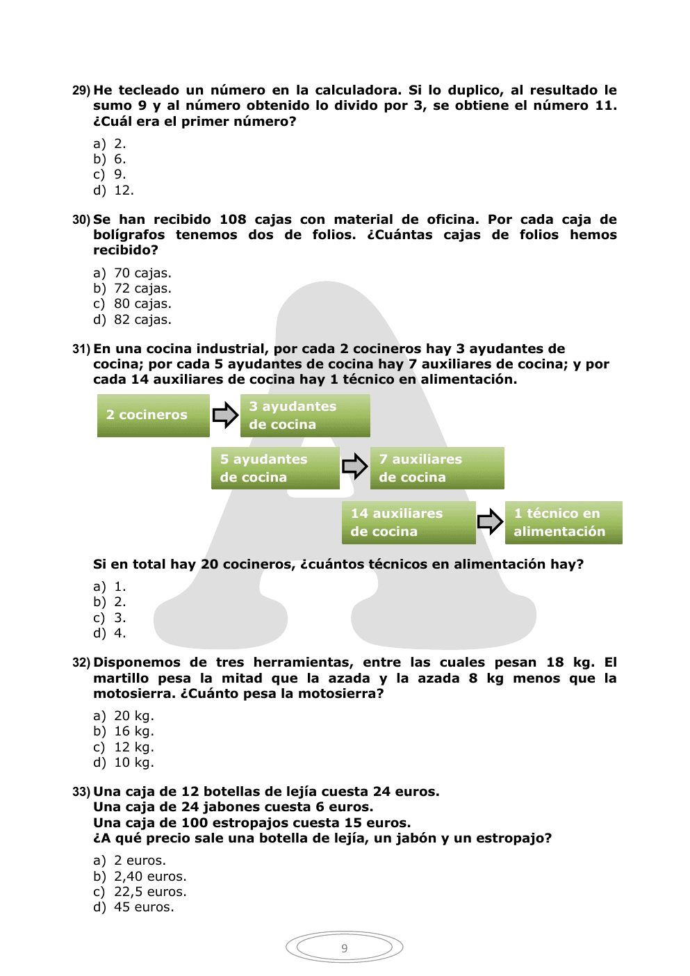 Página 9 del cuestionario oficial, con el esquema de proporciones de la pregunta 31.