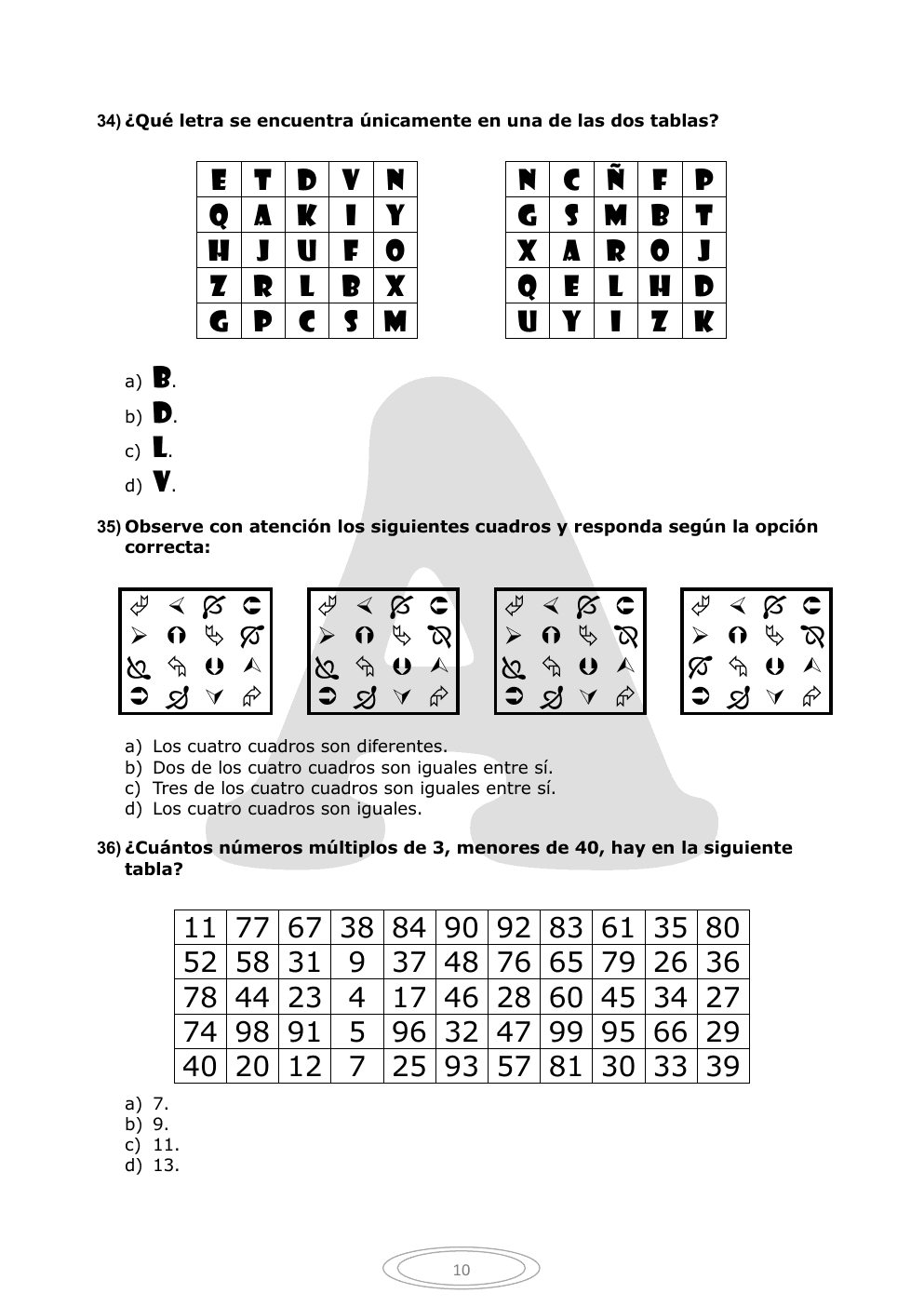 Página 10 del cuestionario oficial, con las tablas y cuadros de las preguntas 34 a 36.