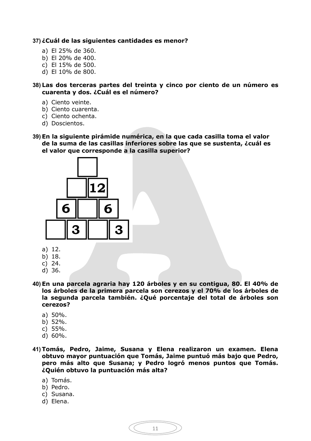 Página 11 del cuestionario oficial, con la pirámide numérica de la pregunta 39.